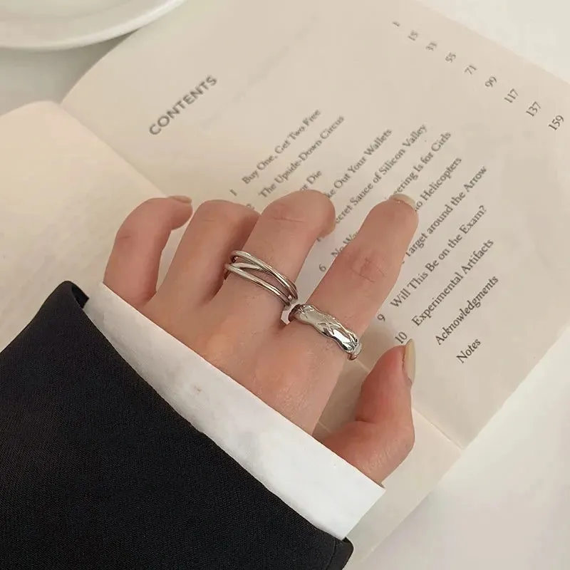 Silver Color Irregular Hollow Double Line Geometric Set Ring Female Simple Unique Design Fashion Adjustable Jewelry Gifts