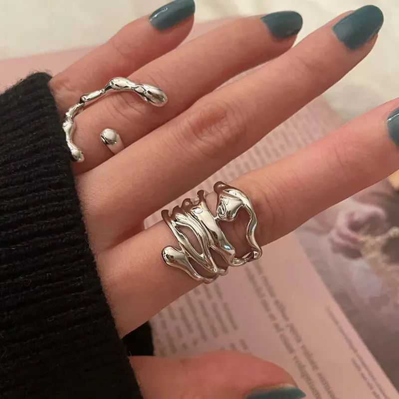 Silver Color Irregular Hollow Double Line Geometric Set Ring Female Simple Unique Design Fashion Adjustable Jewelry Gifts