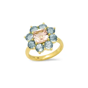 Statement Aquamarine Flower Ring with Morganite Center