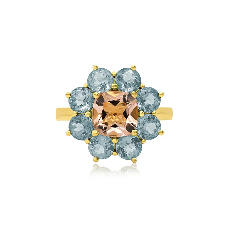 Statement Aquamarine Flower Ring with Morganite Center