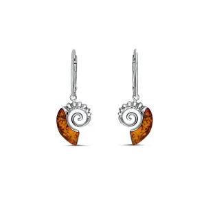 Sterling Silver Amber Ammonite Drop Earrings