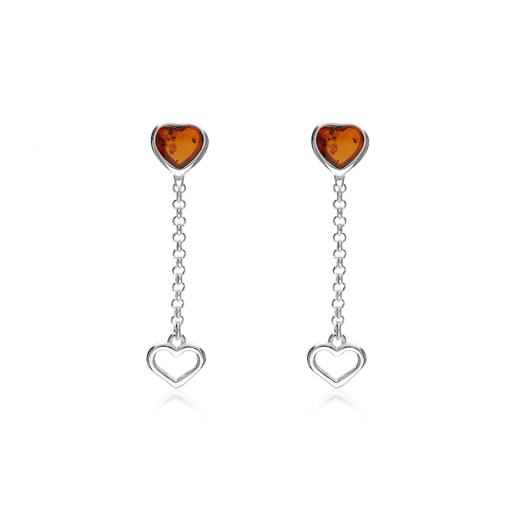 Sterling Silver Amber Heart Chain Drop Stud Earrings