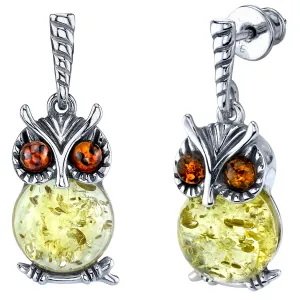 Sterling Silver Cognac Lemon Baltic Amber Drop Dangle Owl Wisdom Earrings