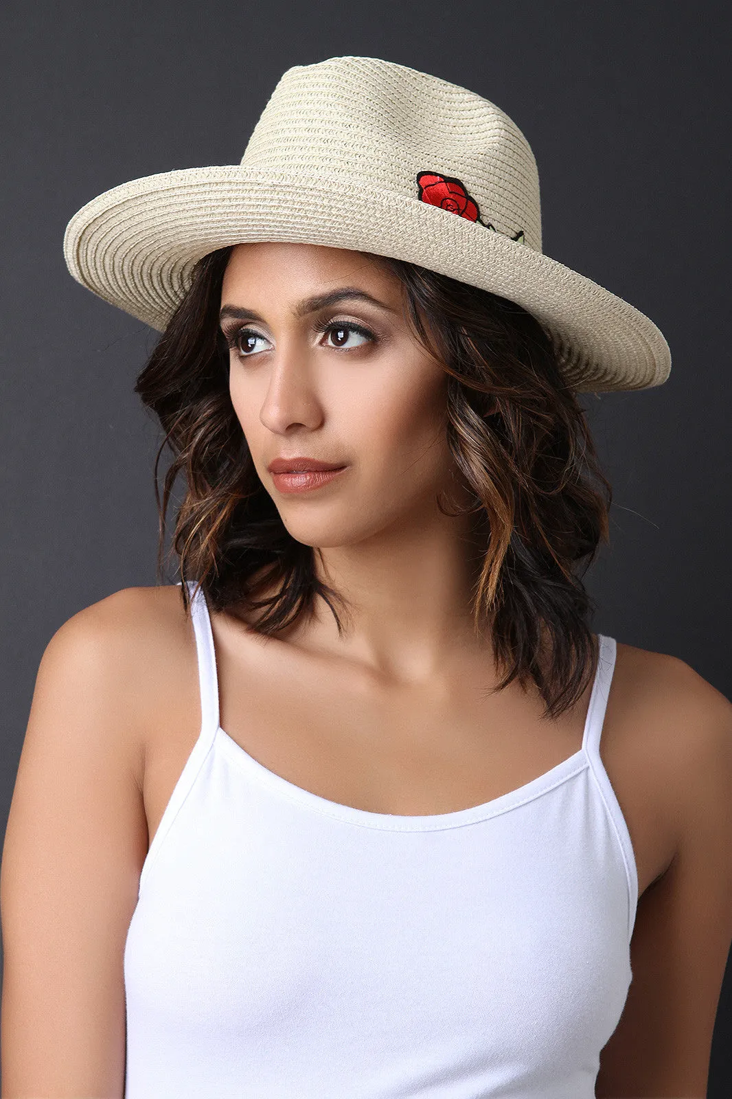 Stitched Straw Rose Patch Panama Hat