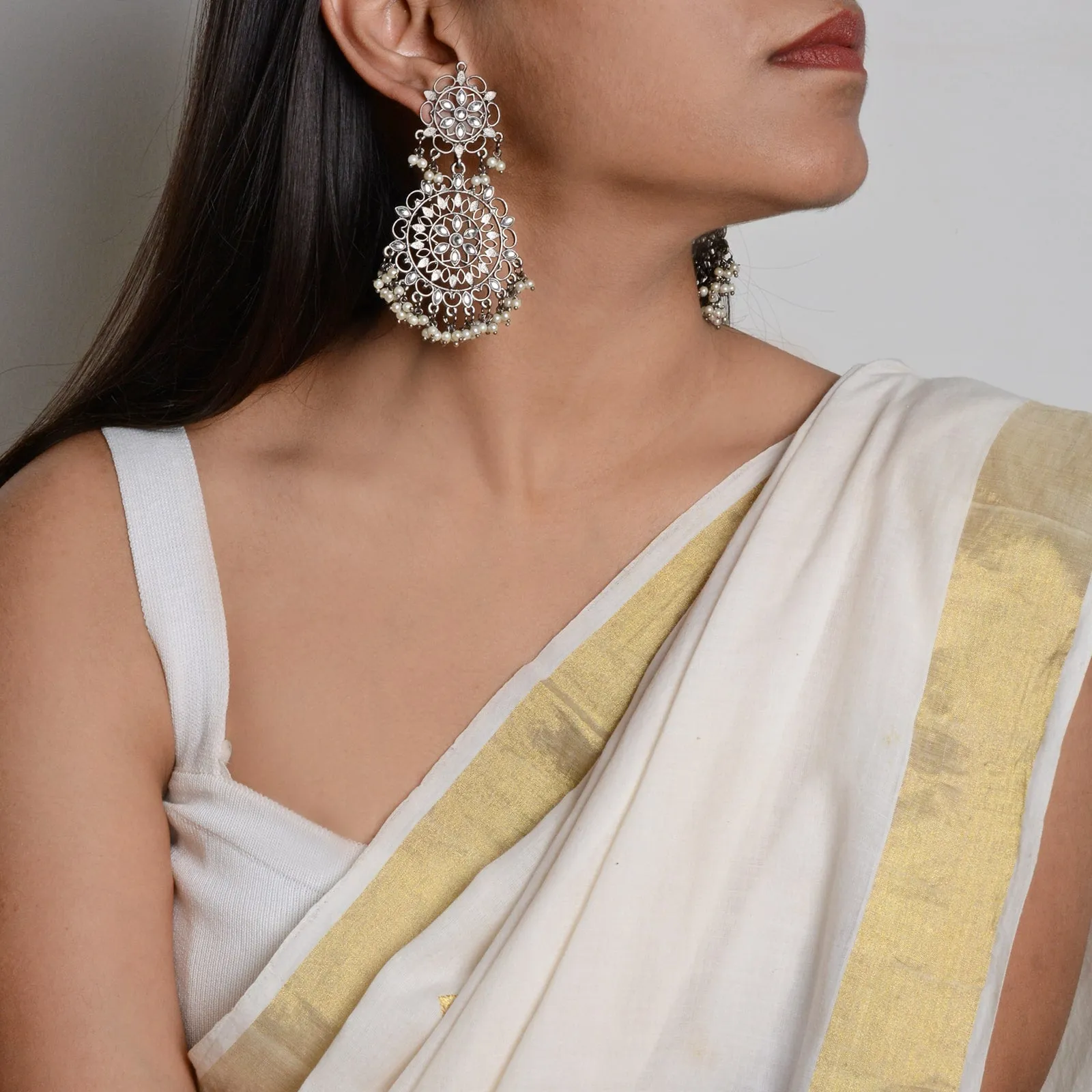 Swati Silver Oxidized Filigree Statement Earrings