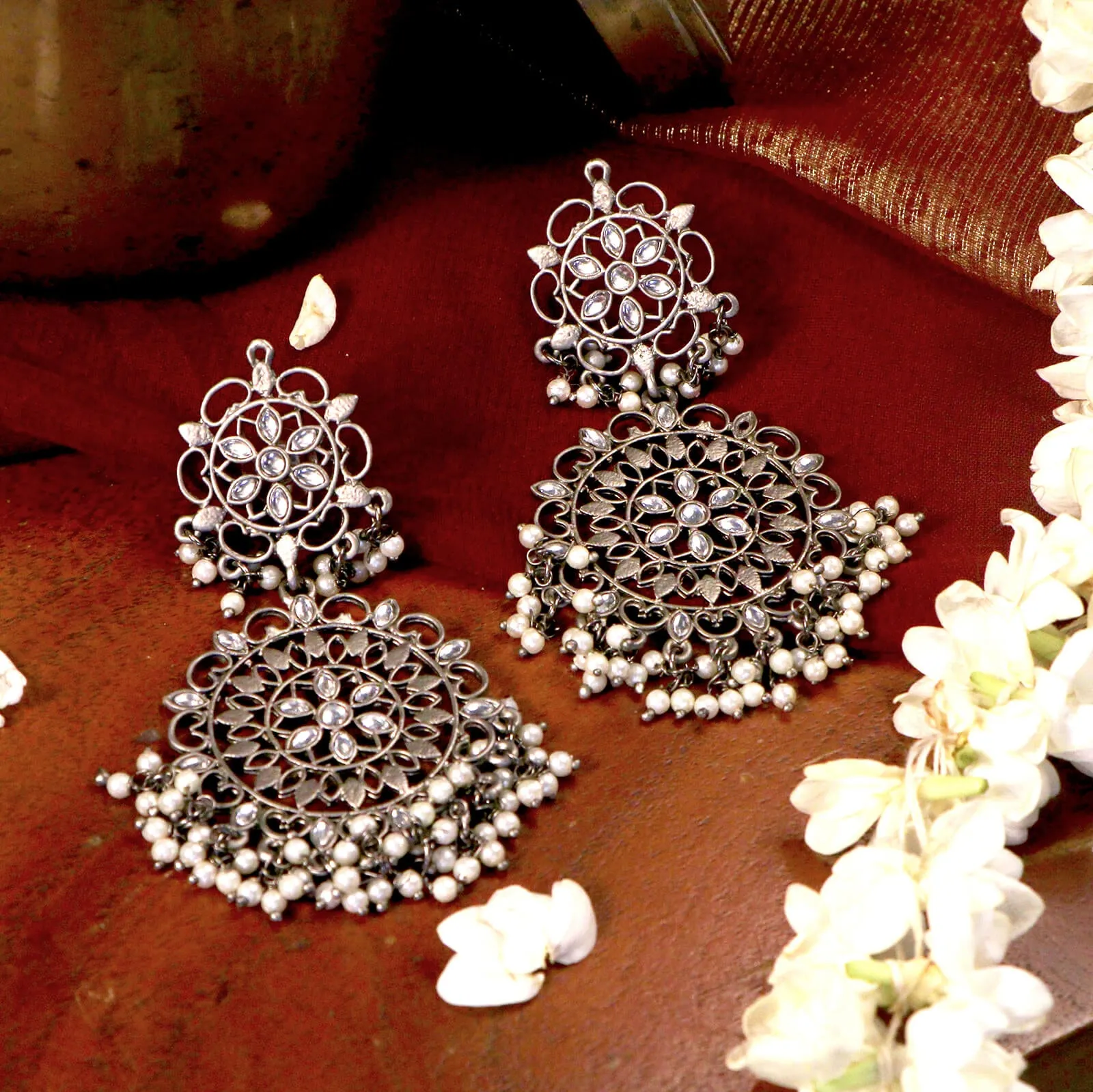 Swati Silver Oxidized Filigree Statement Earrings