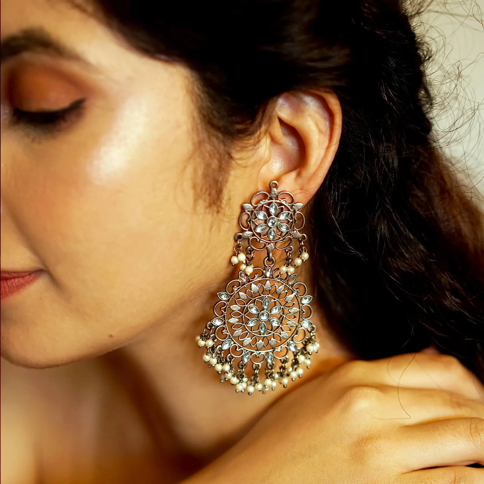 Swati Silver Oxidized Filigree Statement Earrings