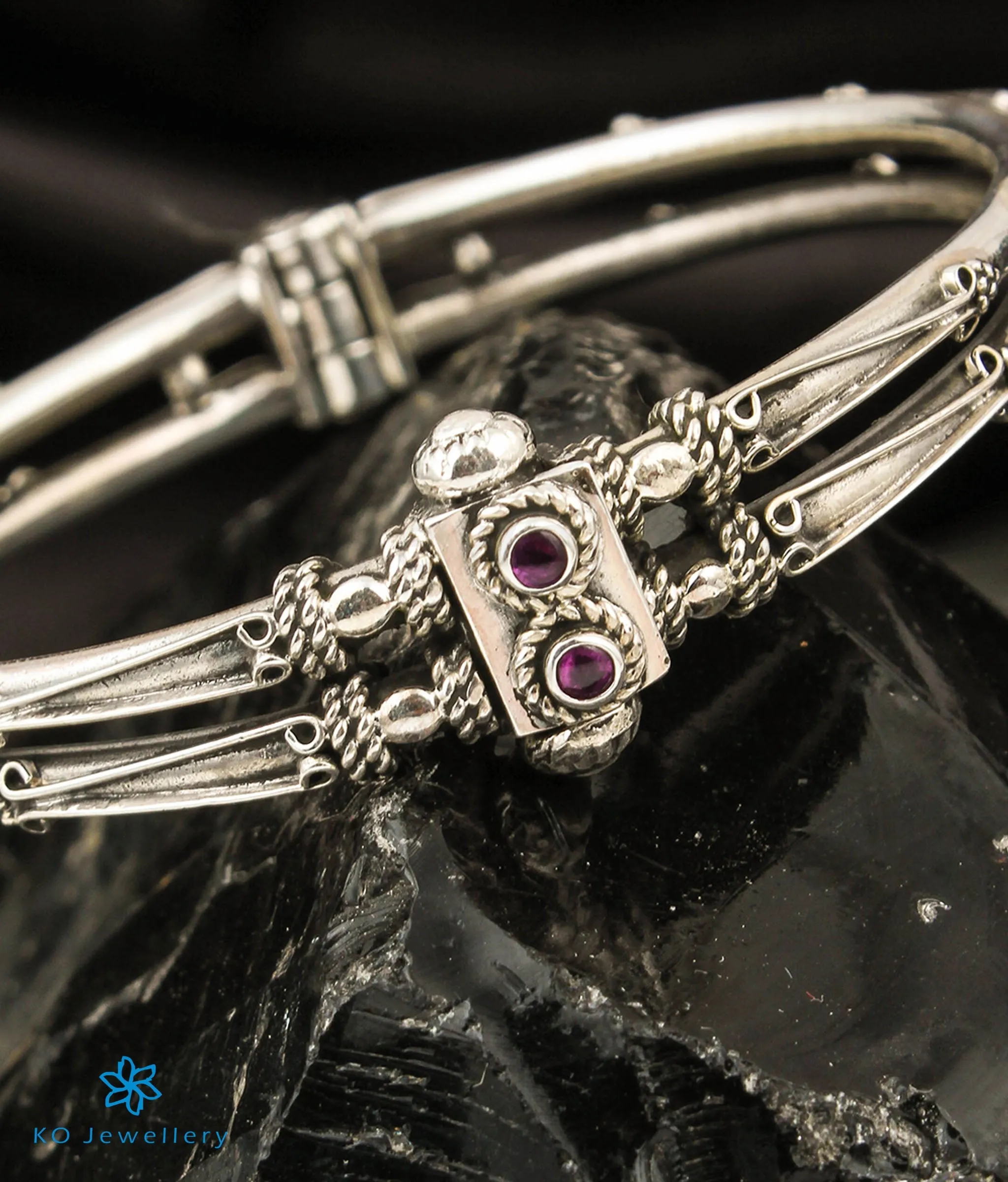 The Lasya Silver Garnet Kada Bracelet (2 layers/Size 2.4)