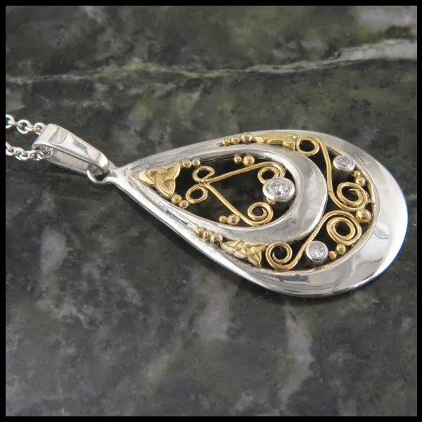 Unique Teardrop Celtic Pendant in Silver and Gold