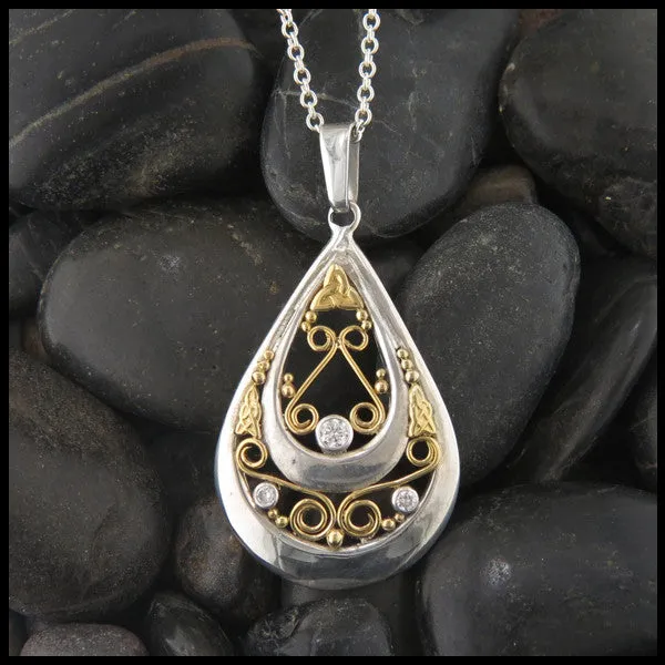 Unique Teardrop Celtic Pendant in Silver and Gold