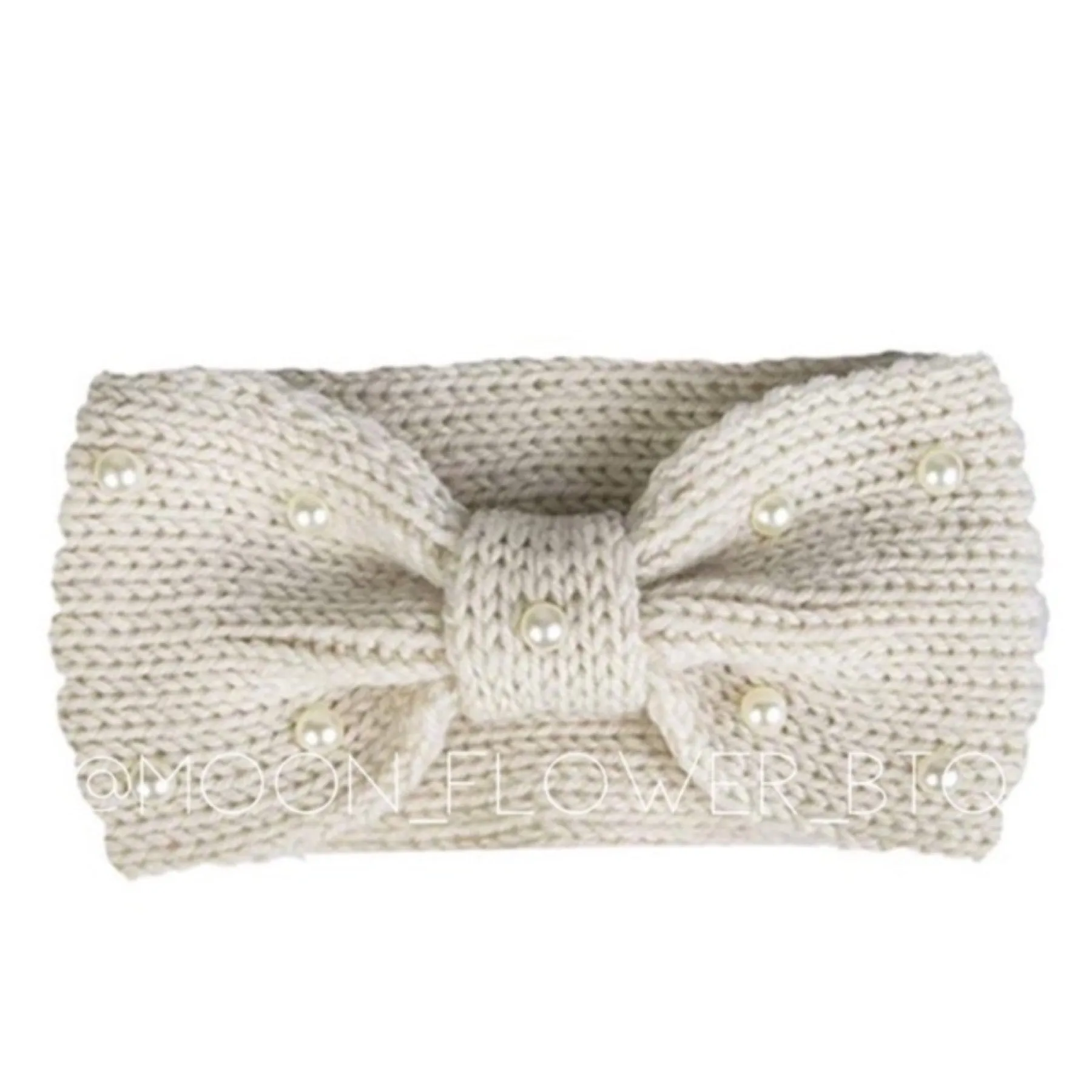 Vegan Knit Bow Headband Ear Warmer Off White Pearl