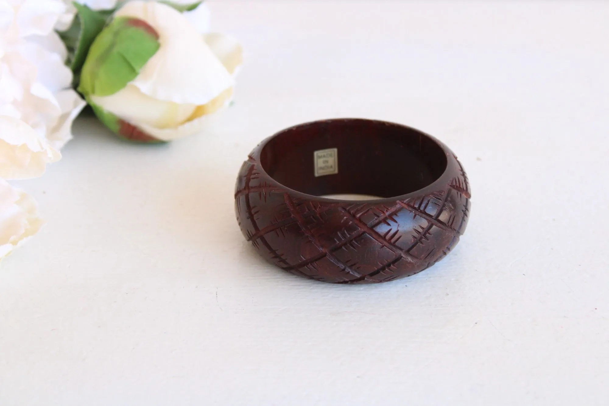 Vintage Brown Wood Carved Bangle Bracelet, Made in India