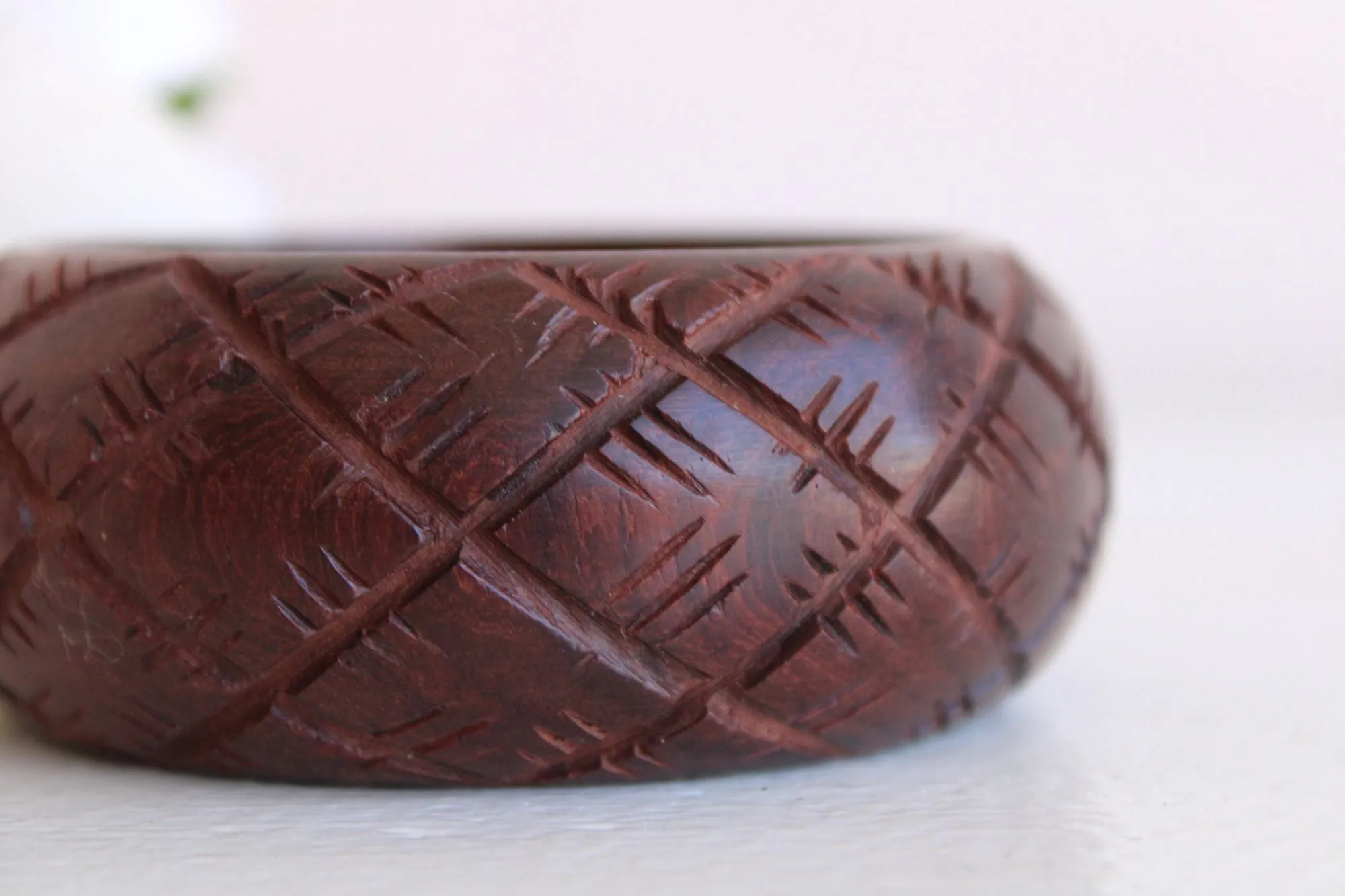 Vintage Brown Wood Carved Bangle Bracelet, Made in India