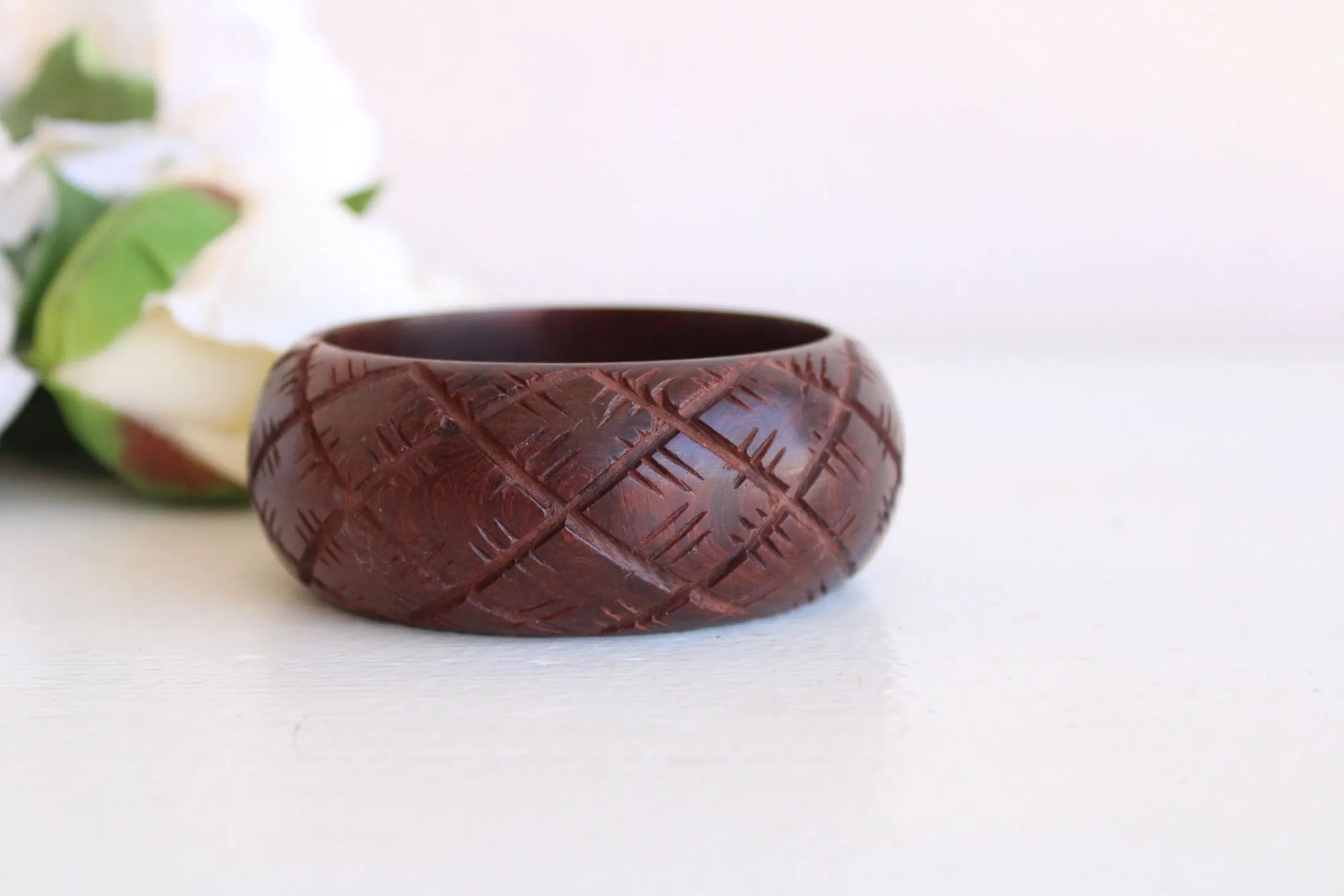 Vintage Brown Wood Carved Bangle Bracelet, Made in India