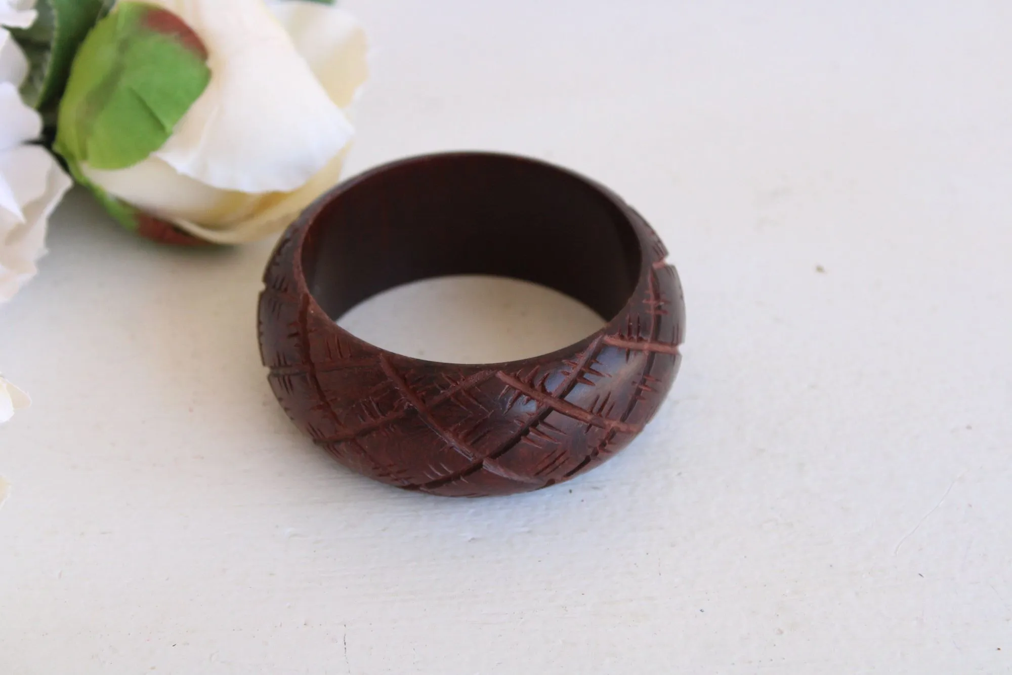 Vintage Brown Wood Carved Bangle Bracelet, Made in India