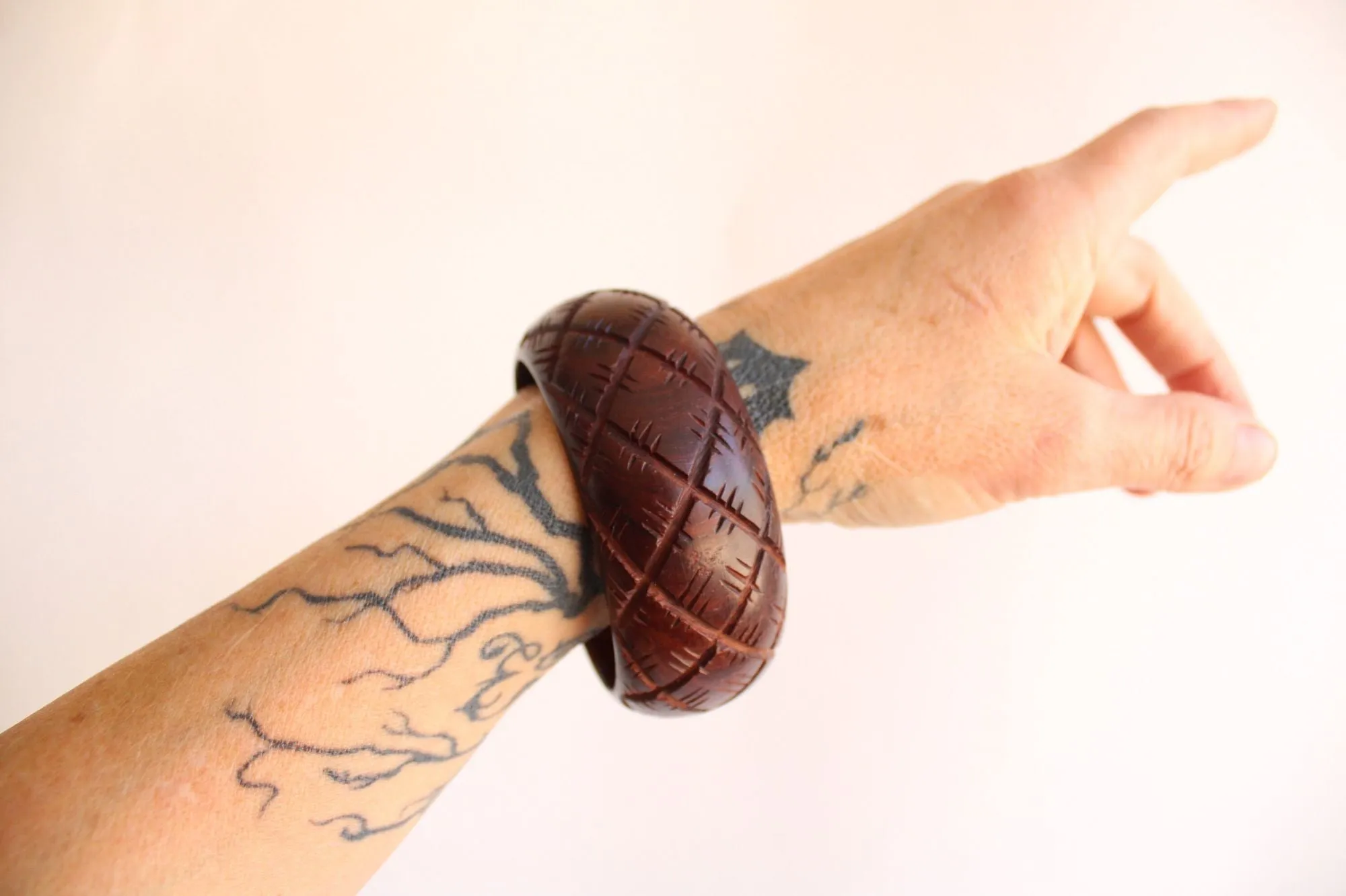 Vintage Brown Wood Carved Bangle Bracelet, Made in India