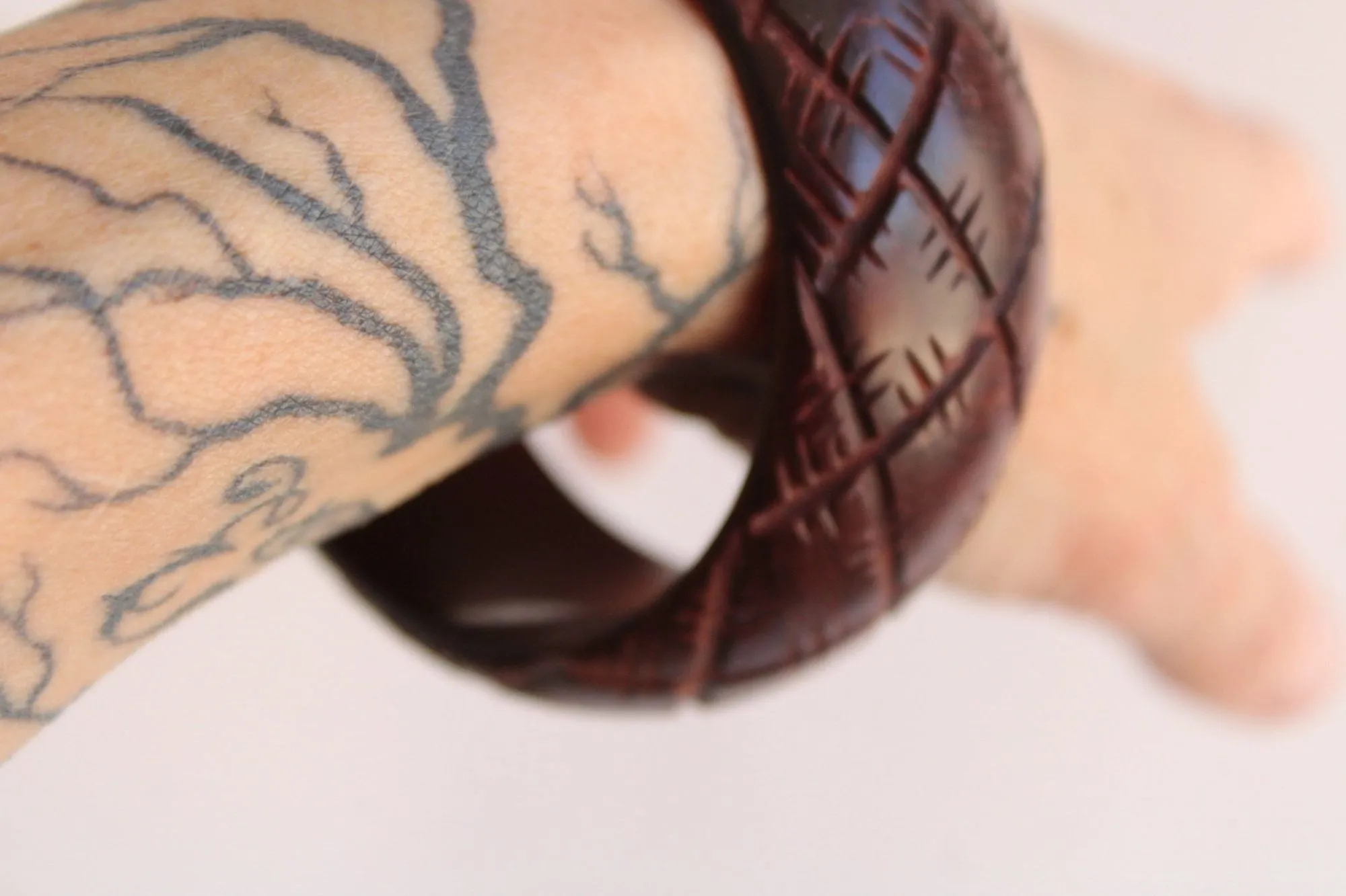 Vintage Brown Wood Carved Bangle Bracelet, Made in India