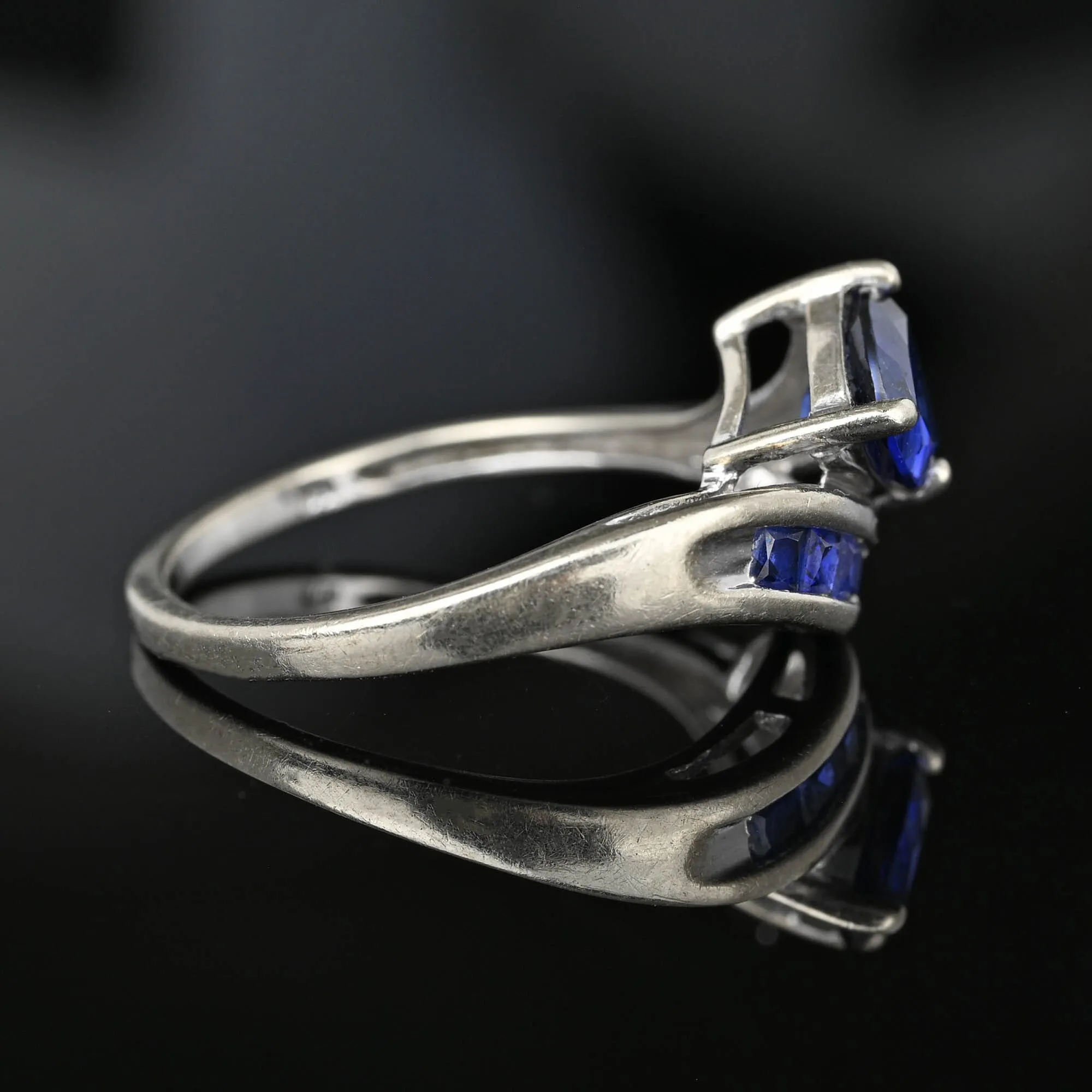 Vintage Bypass Diamond Trillion Cut Sapphire Ring in White Gold