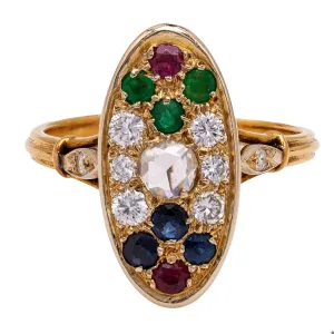 Vintage French Diamond and Gemstone 18k Yellow Gold Ring