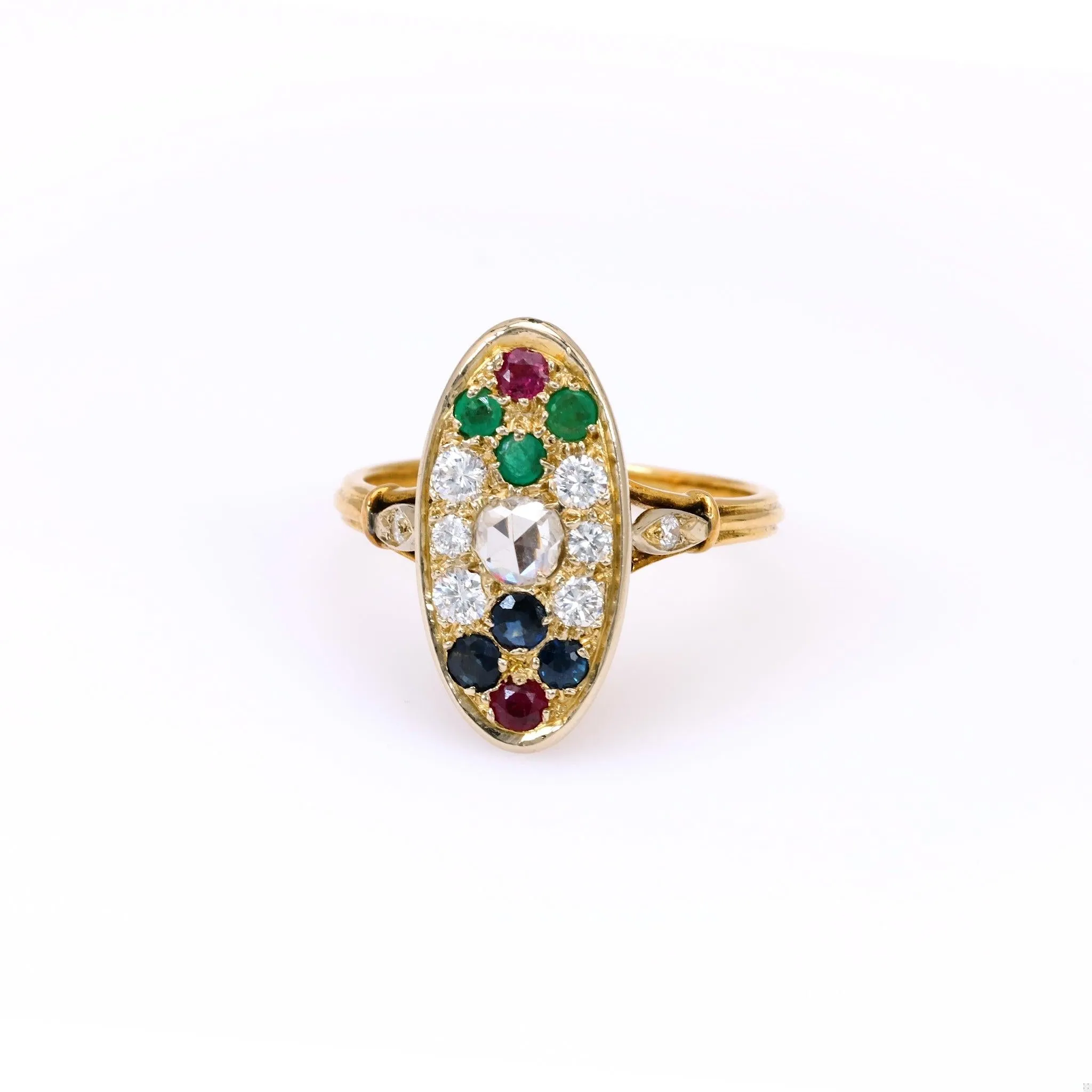 Vintage French Diamond and Gemstone 18k Yellow Gold Ring