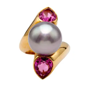 Vintage French Pearl and Tourmaline 18k Yellow Gold Ring