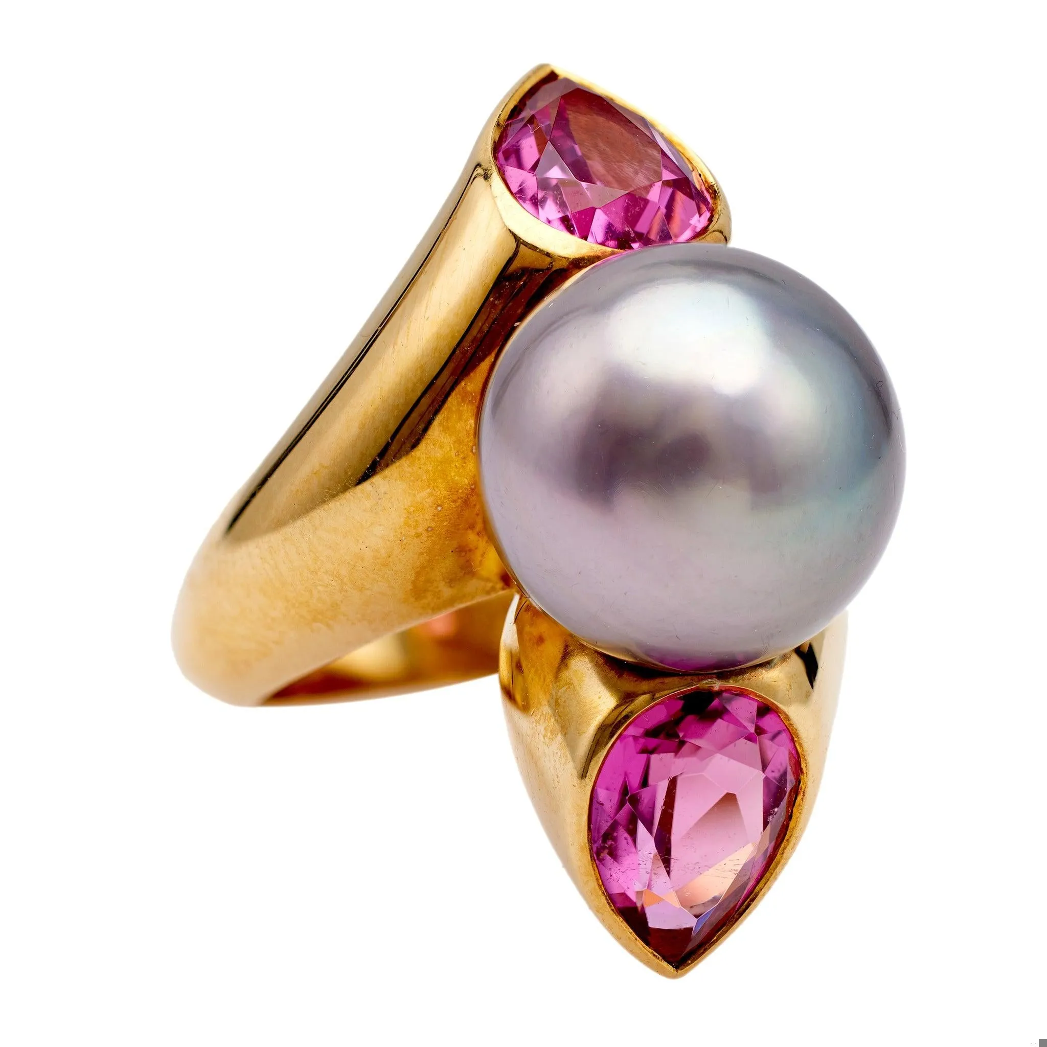 Vintage French Pearl and Tourmaline 18k Yellow Gold Ring