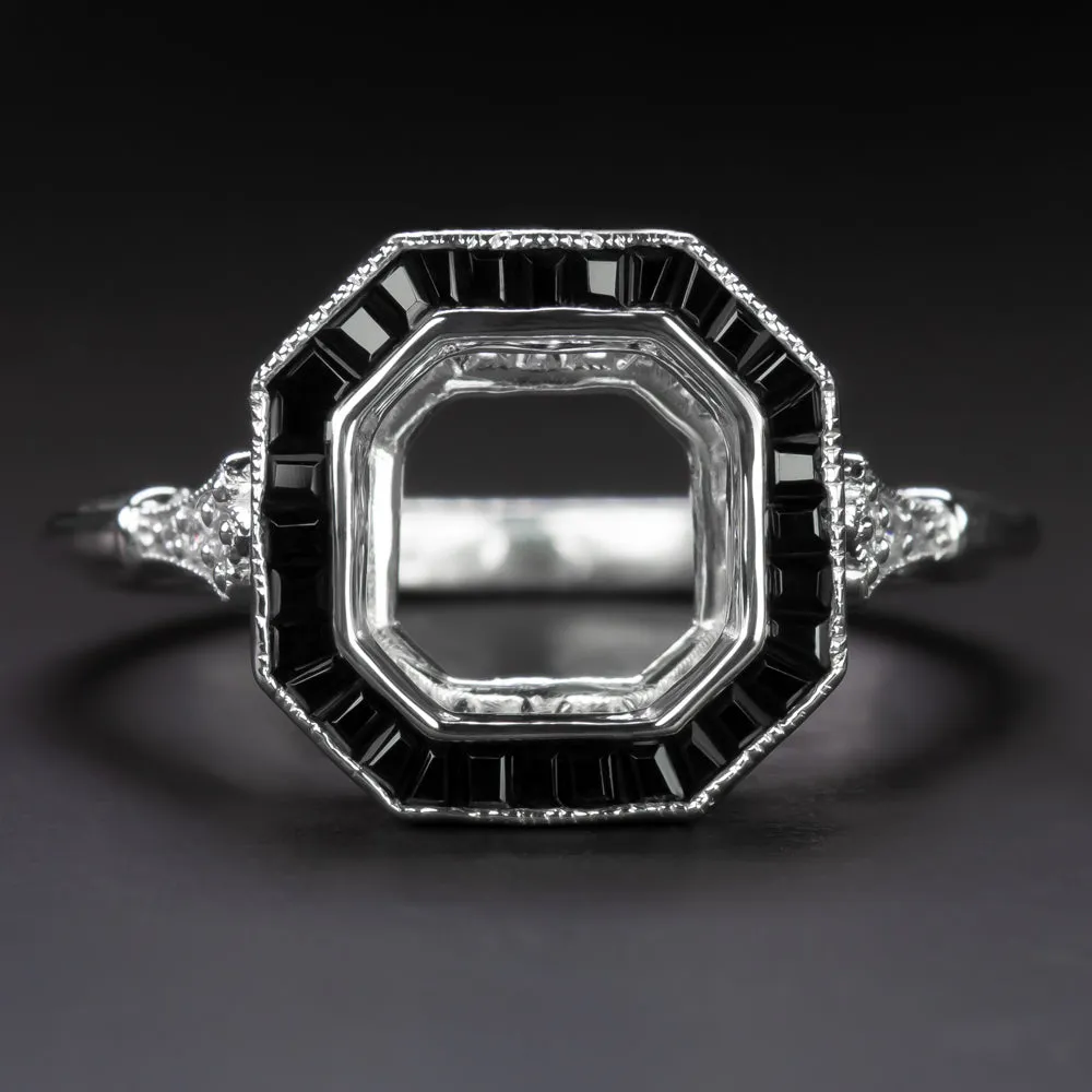 VINTAGE STYLE ONYX DIAMOND ENGAGEMENT RING SETTING ASSCHER RADIANT 7.5M ART DECO