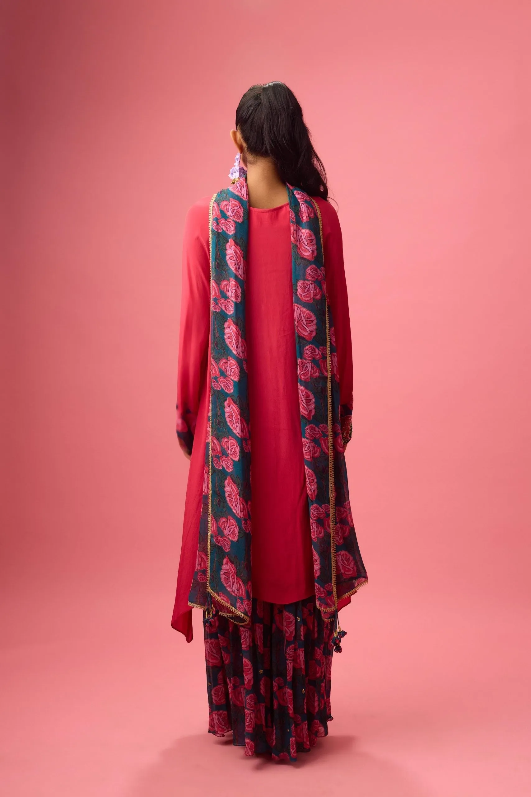 WATERMELON SOLID CREPE ASYMMETRICAL HANDWORK KURTA  PAIRED WITH PRINTED SHARARA AND DUPATTA