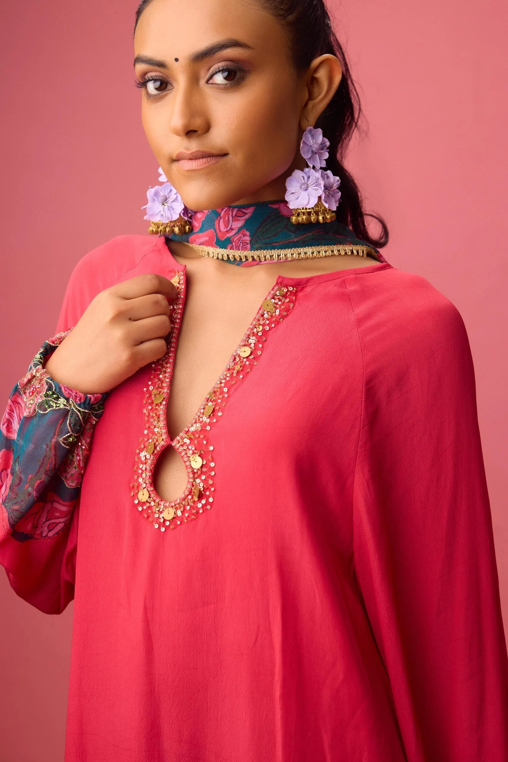 WATERMELON SOLID CREPE ASYMMETRICAL HANDWORK KURTA  PAIRED WITH PRINTED SHARARA AND DUPATTA