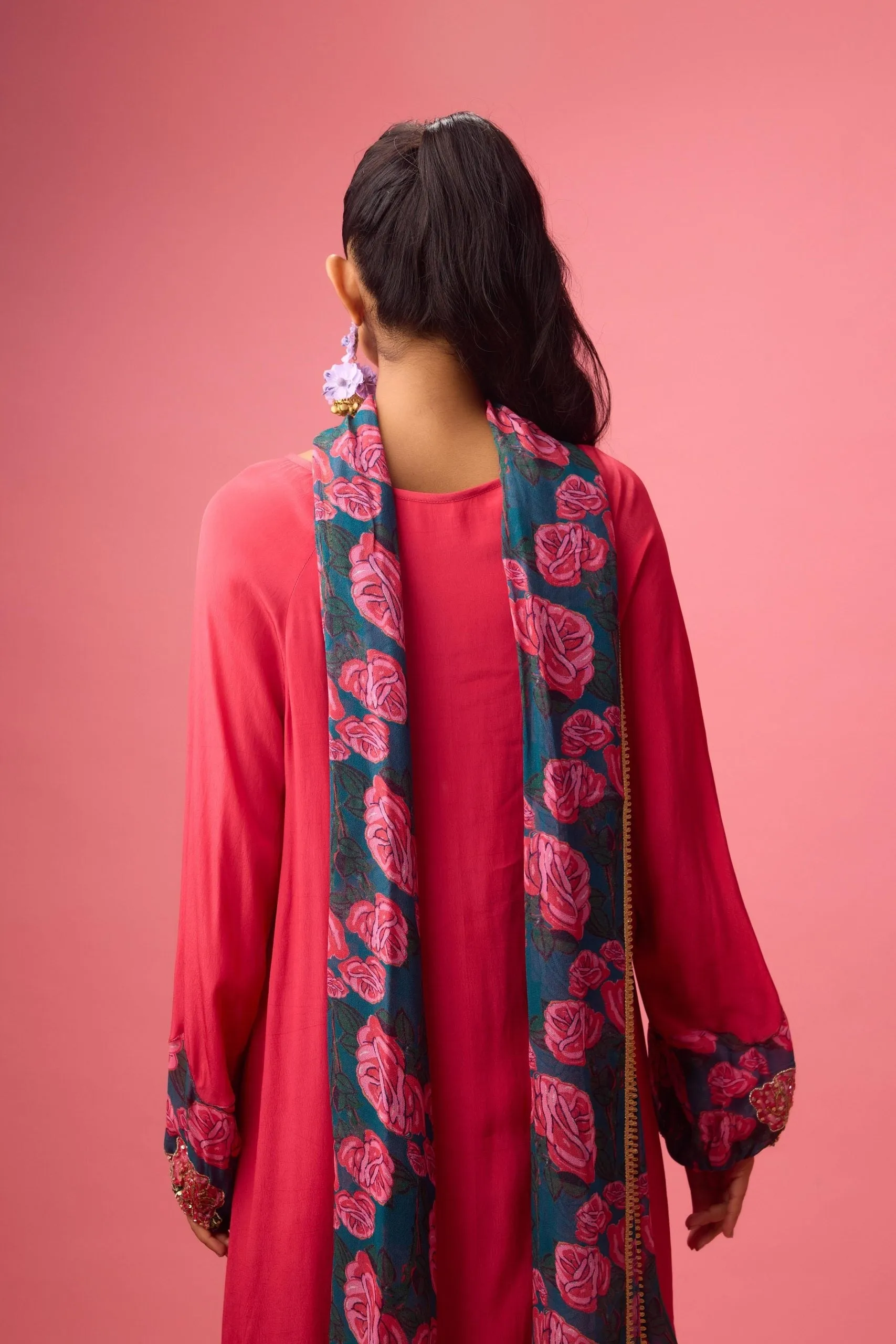 WATERMELON SOLID CREPE ASYMMETRICAL HANDWORK KURTA  PAIRED WITH PRINTED SHARARA AND DUPATTA