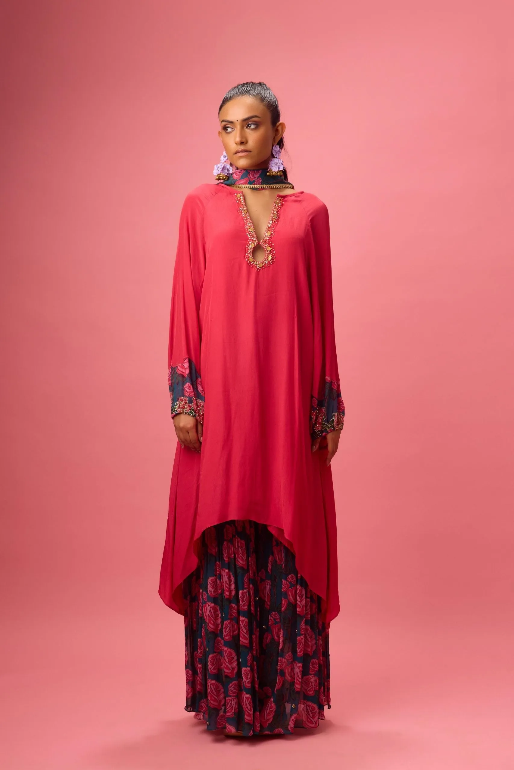 WATERMELON SOLID CREPE ASYMMETRICAL HANDWORK KURTA  PAIRED WITH PRINTED SHARARA AND DUPATTA