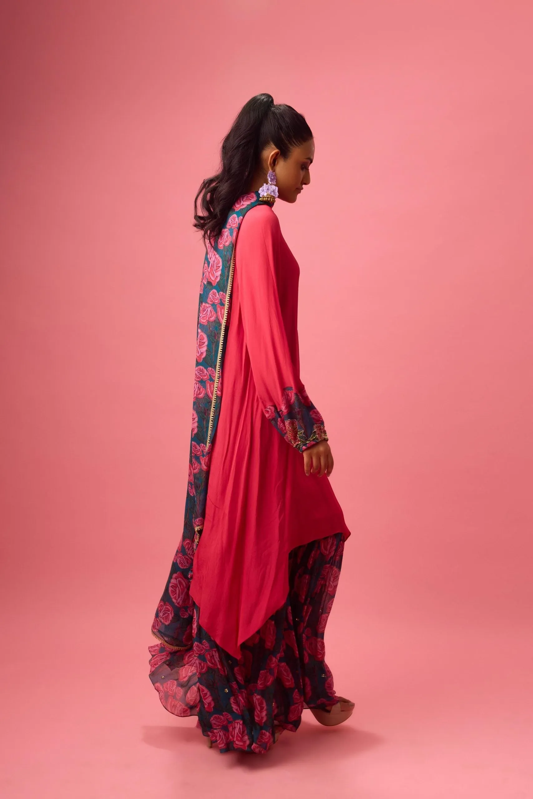 WATERMELON SOLID CREPE ASYMMETRICAL HANDWORK KURTA  PAIRED WITH PRINTED SHARARA AND DUPATTA