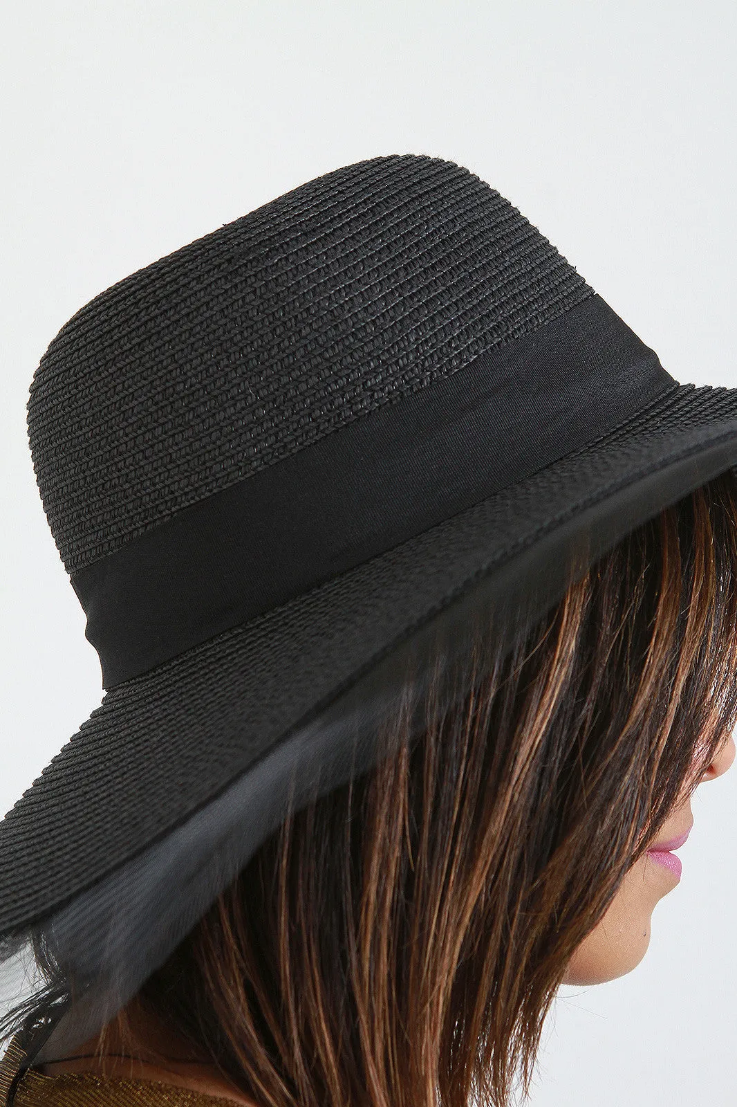 Wide Brim Mesh Edge Ribbon Straw Sun Hat