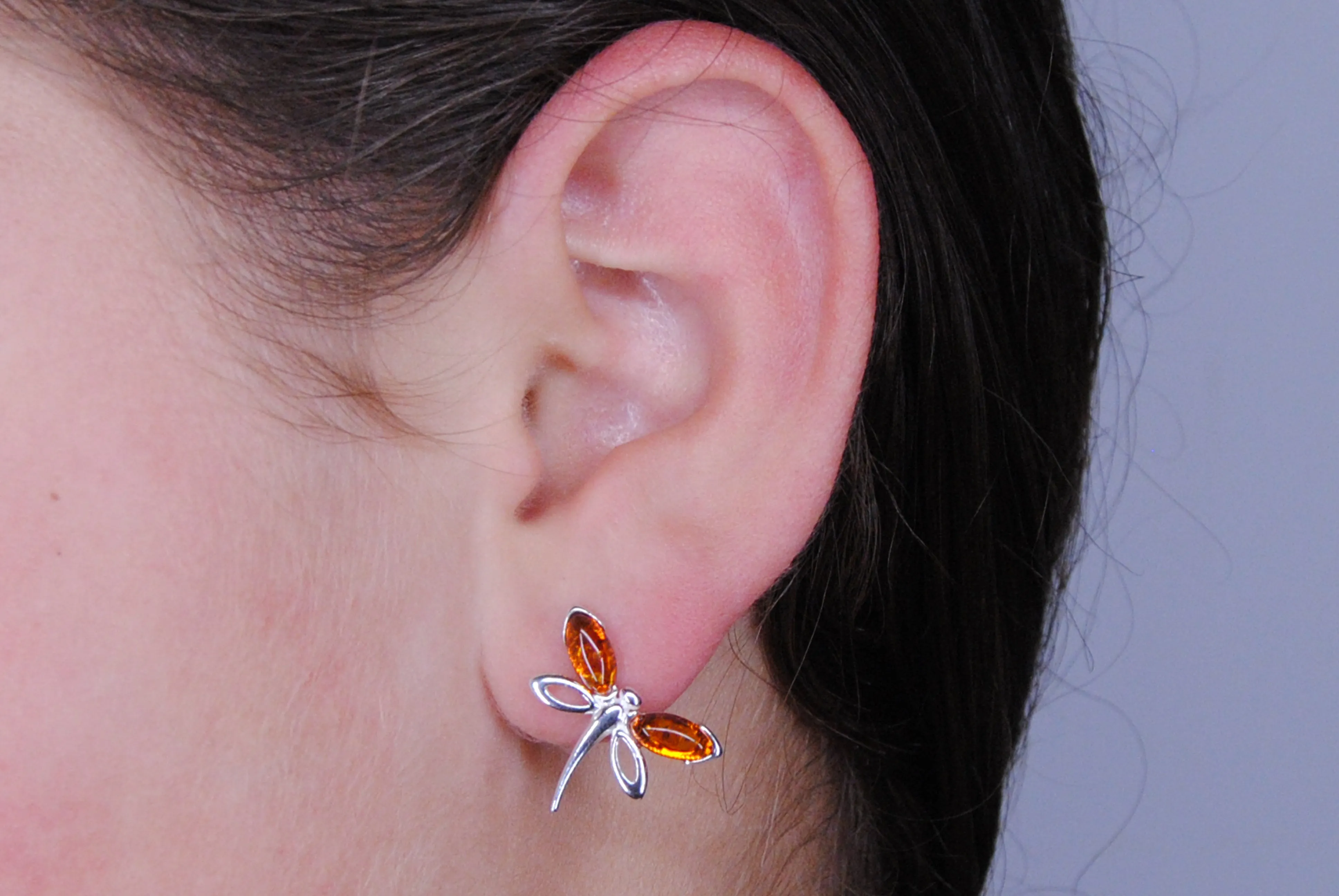 Women's Sterling Silver 925 Cognac Baltic Amber Dragon Fly Earrings