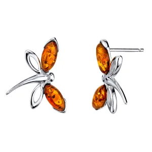 Women's Sterling Silver 925 Cognac Baltic Amber Dragon Fly Earrings