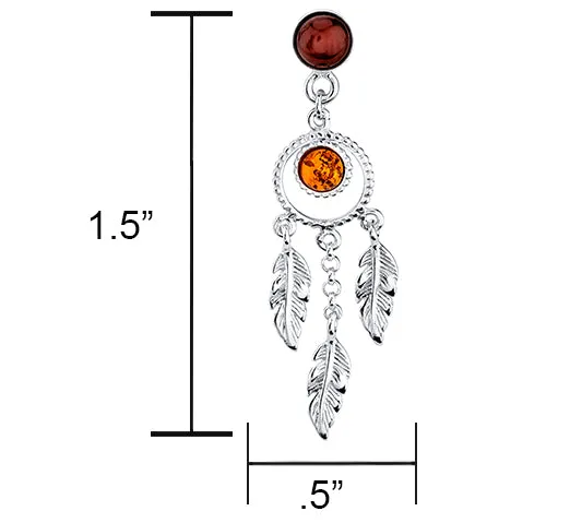 Women's Sterling Silver 925 Dangle Baltic Amber Dreamcatcher Earrings Feathers