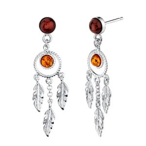 Women's Sterling Silver 925 Dangle Baltic Amber Dreamcatcher Earrings Feathers