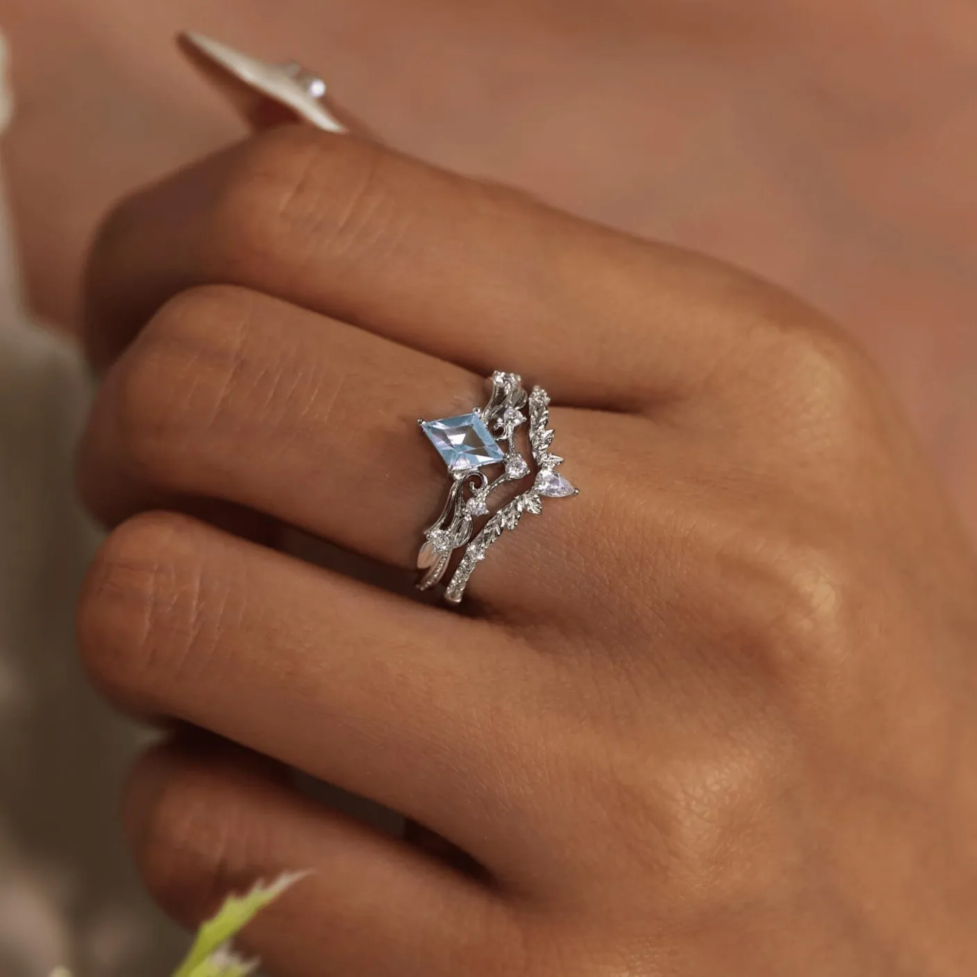 Woodland and Victorian Lace Aquamarine© Ring Set