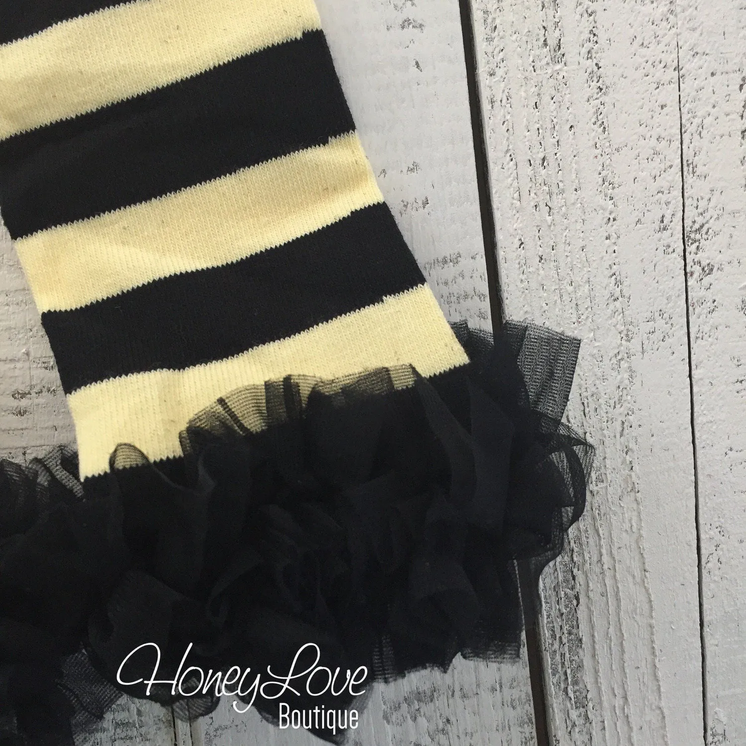 Yellow and Black Bumble Bee leg warmers, black ruffle bottom bloomer, matching flower headband